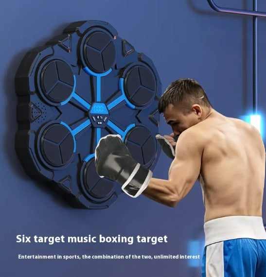 Boxing target training machine in use, showcasing dynamic workout with Bluetooth music integration for improved training experience.