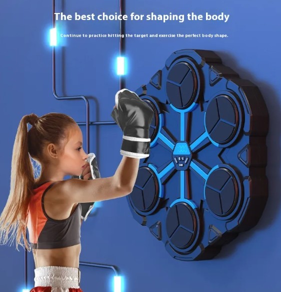 Young girl practicing with boxing target training machine for fitness and body shaping at home.